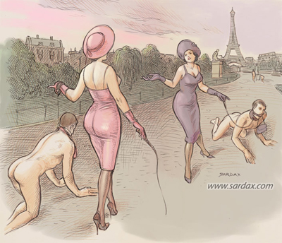 Ladies taking their doggy slaves for a stroll
